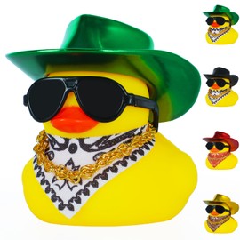 Rubber Duck with Bright Green Cow-boy Hat,Squeaky Duck for Jeep Ducking Car Dashboard Decoration with Golden Necklace，Paisley Bandanas and Sunglasses