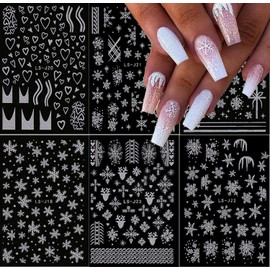 Christmas Nail Art Stickers 3D Snowflake Nail Decals Self-Adhesive Nail Art Supplies White Snowflake Nail Charms Winter Snow Deer Design Nail Stickers Xmas Party Nail Decorations for Women 6 Sheets