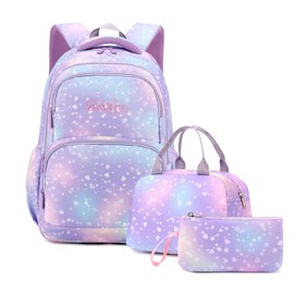 Tanou School Backpack Girls 3 Pieces with Lunch Bag Pencil Case 22 Litres Breathable School Bag Teenager Girls for 3-9 Grades Backpack School for Travel, purple love, cute