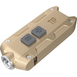 Nitecore TIP keychain flashlight; 360 lumen USB rechargeable; gold color body with EdisonBright brand USB charging cable