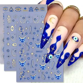 6 Sheets Star Evil Eye Nail Stickers Gold Star Snake Summer French Nail Supplies 3D Self-Adhesiv Nail Art Design Accessories for Women and Girls Manicure DIY Decoration
