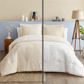 Bedsure Floral Comforter Set King Size Bed Beige Khaki & White, Flower and Plant Printed Reversible Botanical Comforter All Season Duvet Set, 3 Piece Bedding Set with 2 Pillow Shams