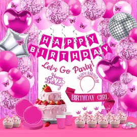 DESKSA Hot Pink Birthday Decorations for Women - Girls Birthdays Party Decorations - Pink Happy Birthday Banner Party Supplies Decor 122PCS