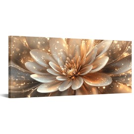 iKNOW FOTO Modern Abstract Shiny Flower Wall Art Brown and Gold Floral Botanical Canvas Print for Living Room, Bedroom, Home Office Decor, Contemporary Wall Art Ready to Hang 20x48 Inches