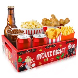 Yamahiko Movie Night Snack Tray with Handles, Reusable Movie Night Snack Trays Basket Box Organizer Supplies for Countertop Storage Wooden Movie Theater Theme Snack Party Box Basket Tray(Movie Night)