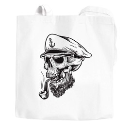 Autiga® Jute Bag Captain Skull Beard Sailor Skull Cotton Bag Fabric Bag White 2 Long Handles