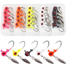 Crappie Jig Heads Fishing Hooks Kit, 25pcs Underspin Jig Heads with Spinner Blade Crappie Jigs Painted Bladed Jig Head for Fishing Lure Jigs Set for Bass Trout Saltwater Freshwater 1/16 1/8 3/16 oz