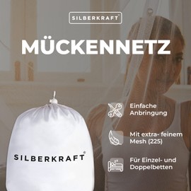 Silberkraft Premium Mosquito Net with Hooks Including Dowels, XXL for Double Bed, Bed Canopy with Zip as Mosquito Protection, Mosquito Net for Travel and Home, with Carry Bag