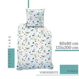 Safari children's bed linen, Africa Tour, zoo animals and jungle, reversible motif, 2-piece, pillowcase 80 x 80 cm and duvet cover 135 x 200 cm, 100% cotton