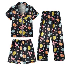 Hupohoi Unisex Girls Boys Kids Pajama Sets Button Down Satin Sleepwear Nighty 3PCS Silky Lounge Sets Nightwear Short Sleeve Long Pants, 3pcs-Bowknot Bunny, 12