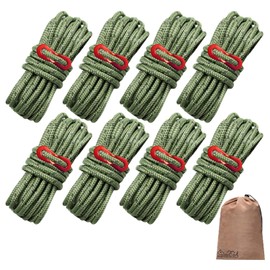 DaLaCa Paracord Tent Rope, Reflective Material, Thickness 0.16 / 0.20 in (4 / 5 mm), Length 13.1 ft (4 m), Load Capacity 771.6 lbs (350 kg), Universal Fittings, Storage Bag, Dark Green, Set of 8