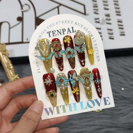 TENPAL 10Pcs Heirloom Chinese Bridal Press On Nails With Tools,Red Gold Phoenix Dragon Designs Fake Nails Long Stiletto,Full Crystals Heavy Relief Luxury Wedding Set Glue on Nails for Cheongsam(S)