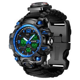 23-in-1 Survival Military Digital Watch, Mens Tactical Multi-Functional and Adjustable Wristband Outdoors Waterproof Blue Sports Watches with Compass Paracord Band