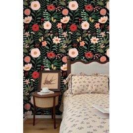 HAOKHOME Floral Peel and Stick Wallpaper Boho Wall Paper Removable for Bedroom Black/Pink/Red Contact Paper 17.3in x 9.8ft