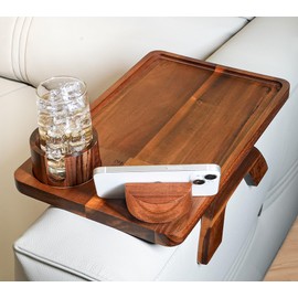 Couch Arm Table,DUBLEYONG,Acacia Wood Sofa Arm Tray with Couch Cup Holder,Adjustable and Stable Phone Tablet Holder,360°Rotating and Easily Removable Holder,Foldable Couch Tray Clip on Wide Couches
