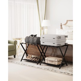 Hzuaneri 2 Pack Folding Luggage Rack - Luggage Stand for Guest Room Foldable, Suitcase Holders with Storage Shelf, Steel Frame with Nylon Straps, for Bedroom, Hotel, Holds up to 131 lb, Black LR03901B