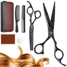 Purple Dragon Hairdressing Scissors Set 6 Inch Black Hair Cutting Scissors Set (Hair Scissors & Thinning Scissors) with 2 Combs Hair Beard Trimming Shaping Care for Men Women Family Barber Hairdresser