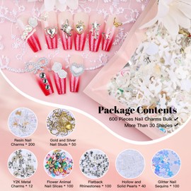 600Pcs Cute 3D Nail Charms and Gems, White Rabbit Bow Charms Alloy Butterfly Heart Star Nail Jewels with Nail Rhinestones, Mixed Gold Nail Studs Charms and Glitter Nail Sequins for Nail Design (White)
