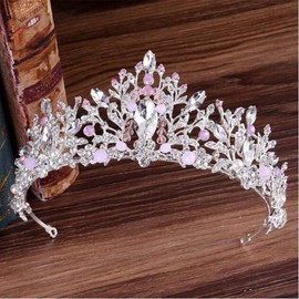 Anglacesmade Bridal Tiara Rhinestone Tiara Gem Crown Crystal Hair Crown Bridal Headband Princess Headpiece Wedding Hair Accessories for Women and Girls(Pink)
