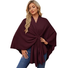 PULI Women's Elegant Poncho Knitted Ponchos Capes Open Front Versatile Scarf Wrap with Tab, burgundy