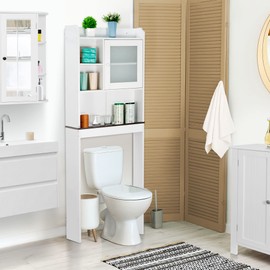SUPER DEAL Over The Toilet Bathroom Storage Cabinet Freestanding Wooden Bathroom Organizer with Adjustable Shelves and Glass Door, White