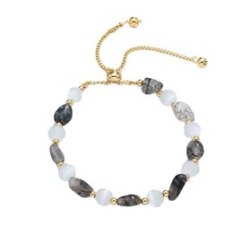 TreasureBay Handmade Womens Natural Gemstone Bracelet | Gemstone Beaded Bracelet for Women - Adjustable Size - Black Rutilated Quartz
