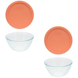 Pyrex 7402 6-Cup/1.5L Sculpted Glass Mixing Bowl and 7402-PC Bahama Sunset Lid (2-Pack) - Made in USA