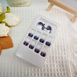 24Pcs Short Press on French Fake Nails - Square False Nails With Checkered Designs, Blue and Purple Gradient Acrylic, Reusable Artificial Full Cover Stick on Nails for Women and Girls