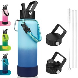 BJPKPK Insulated Water Bottle with Straw Lid, 40oz Large Thermos with 3 Lids, Paracord Handle & Non-slip Boot, BPA Free Leak Proof Stainless Steel Metal Water Bottles, Tumblers, Cups,Sky