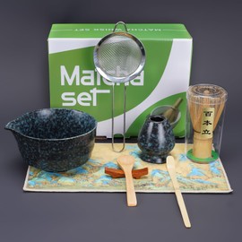 HMAZAE Matcha Whisk Set, 8pcs Ceremonial Grade Matcha Kit with Ceramics Bowl with Spout, Bamboo Whisk with Holder, Stainless Steel Sifter, Gift for Macha Lovers to Enjoy Making Tea