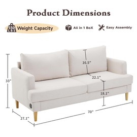Loveseat Sofa Couch for Living Room with USB Type C Ports – Beige Upholstered 70" Small Couches for Bedroom, Office or Apartment–Modern 2-Seater Deep Seating with Soft Cushions & Sturdy Frame