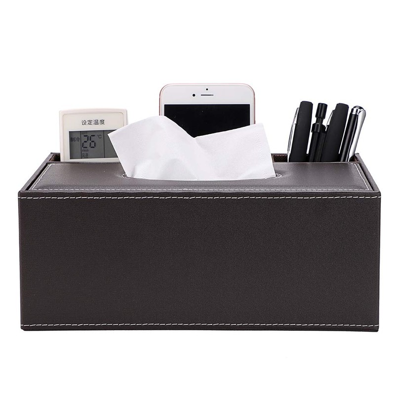 BSTKEY Tissue Box Rectangle PU Leather Tissue Box with Remote