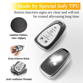 CTRINEWS for Chevy Key Fob Cover with Metal Braided Rope Keychain, Upgraded TPU Surface Grain Key Case for Malibu Equinox Blazer Trax Traverse Camaro Volt (5 Buttons) (Silver, B1)