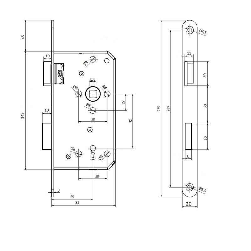 MS Beschläge Whisper Mortise Lock 55 mm Backset Whisper Trap