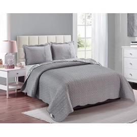 Brilliant Sunshine Grey Heart Love Patchwork, 3-Piece Quilt Set, Reversible Bedspread, Lightweight Coverlet, All-Season, Full/Queen, Grey