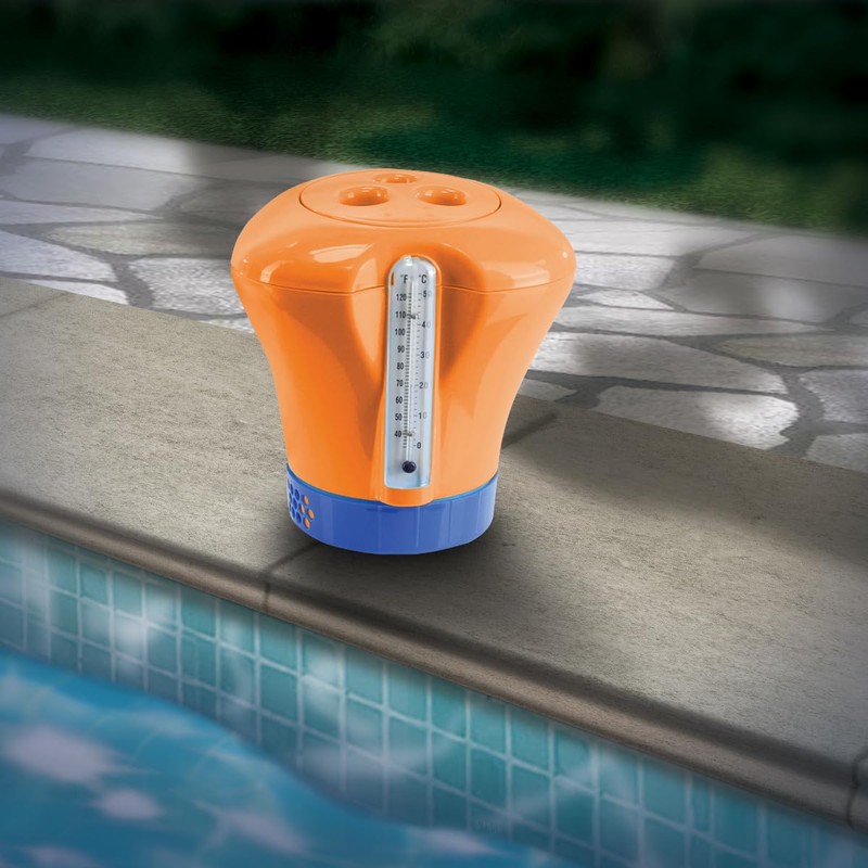 Pool Dosierschwimmer mit Thermometer orange großer Chlordosierer Chlorspender für ChlorTabs,