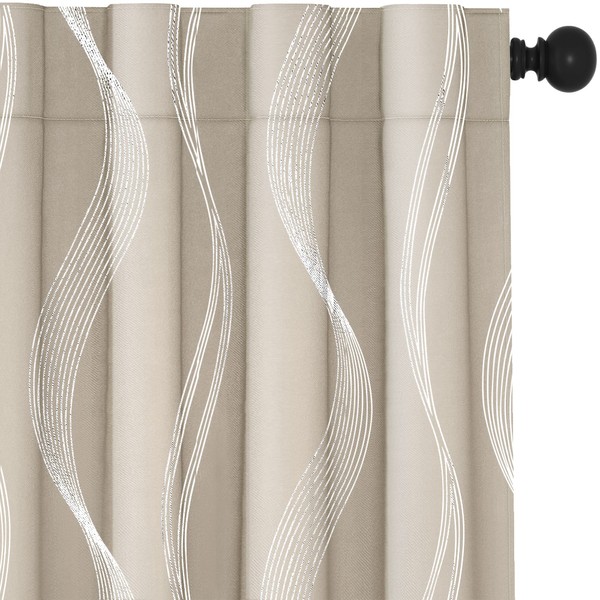 Deconovo Blackout Back Tab Silver Curved Wave Pattern Printed Curtains,