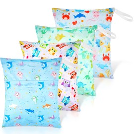 Frienda Bolsa impermeable de 4 piezas, reutilizable, lavable, bolsa para pañales húmedos sellados con asa para viajes, playa, trajes de baño húmedos, pañales, ropa de gimnasio sucio y artículos de cambiador, 12 x 14 pulgadas (animal)