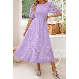 ZESICA Women's 2024 Summer Short Puff Sleeve Crewneck Smocked Floral Lace Flowy A Line Tiered Maxi Dresses,Lightpurple,Medium