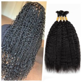 Kinky Straight Human Hair for Boho Braids - Wet and Wavy Bulk Pack (4PCS, 100g) - Yaki Straight for Micro Braiding - Natural Black, 18 Inch