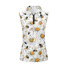 Suobstales Daisy Bee Print Polo Shirt Tank Tops for Women, Loose Fit Sleeveless Golf Shirt 1/4 Zip Gym Workout Clothes Lightweight Moisture Wicking Yoga Running Summer Cooling Sports Outfits, L