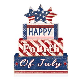 Britimes 4 Pcs Patriotic Tiered Tray Decor, Farmhouse 4th of July Table Wooden Sign Rustic Red White Blue Block Stack Decorations for Home Fireplace Mantel Memorial Day (Independence Day Happy)