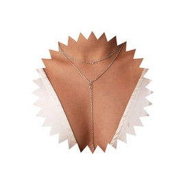 TseenYi Layered CZ Lariat Necklace Choker Boho Crystal Dangle Necklace Multilayer Long Y Necklace Summer Beach Necklace for Women and Girls (Silver, 1 Piece)