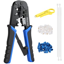 Proster RJ45 Crimping Tool Kit - Cat5 Cat5e Ethernet Crimping Tool with 30pcs RJ45 Cat5 Modular Data Plugs 30pcs Covers 100pcs 6 Inch Nylon Cable Tie and Network Wire Cutter Stripper
