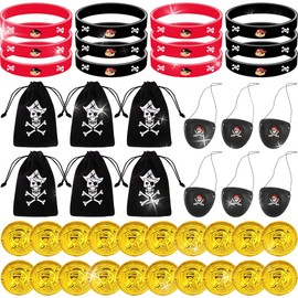 BACH AND BOUJEE 44PCS Pirate Party Bags Bag Fillers Pirate Accessories Ring Stickers Slap Bracelets Pirate Treasure Hunt Theme Game Pirate Party Supplies