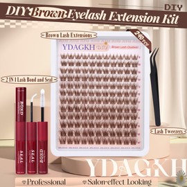 Brown Lash Clusters Kit Invisible Band Natural Lash Extension Kit C Curly Wispy Cluster Eyelash Extensions Clear Band DIY Dark Brown Individual Eyelash Clusters Kit with Lash Bond and Seal, Tweezers