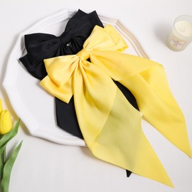 Black and Yellow Long Tail Bow Hair Ties, Classy Women Girls Hair Styling Accessories, Gift Hair Bows Spring Clip for Mom Teen Toddler Girl Stuff, 90s Vintage Big Satin French Style Headdress Decor
