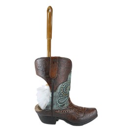 Western Turquoise Floral Tooled Leather Cowboy Boot Toilet Brush And Holder Set