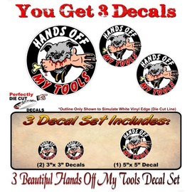 3 Hands Off My Tools Decal Set 1-5" and 2-3" Vinyl Stickers for Toolbox Lawn Equipment Power Tools Skid Steer Excavator Decals ((2) 3"x 3" and (1) 5"x 5")