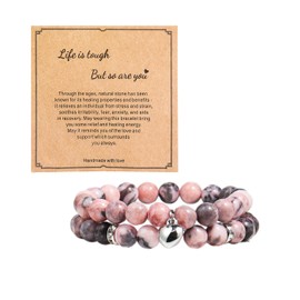 Inspirational Bracelets for Women Get Well Soon Gifts Couple Heart Natural Stone Healing Crystal Relaxation Chakra Bracelet Birthday Christmas Valentines Gifts for Her Mom Best Friend Sister -Pink Zebra